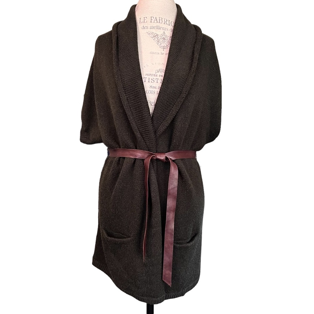 VINCE Green Wool Wrap Cardigan Sweater Leather Tie Belt Pockets SS Women's Sz M